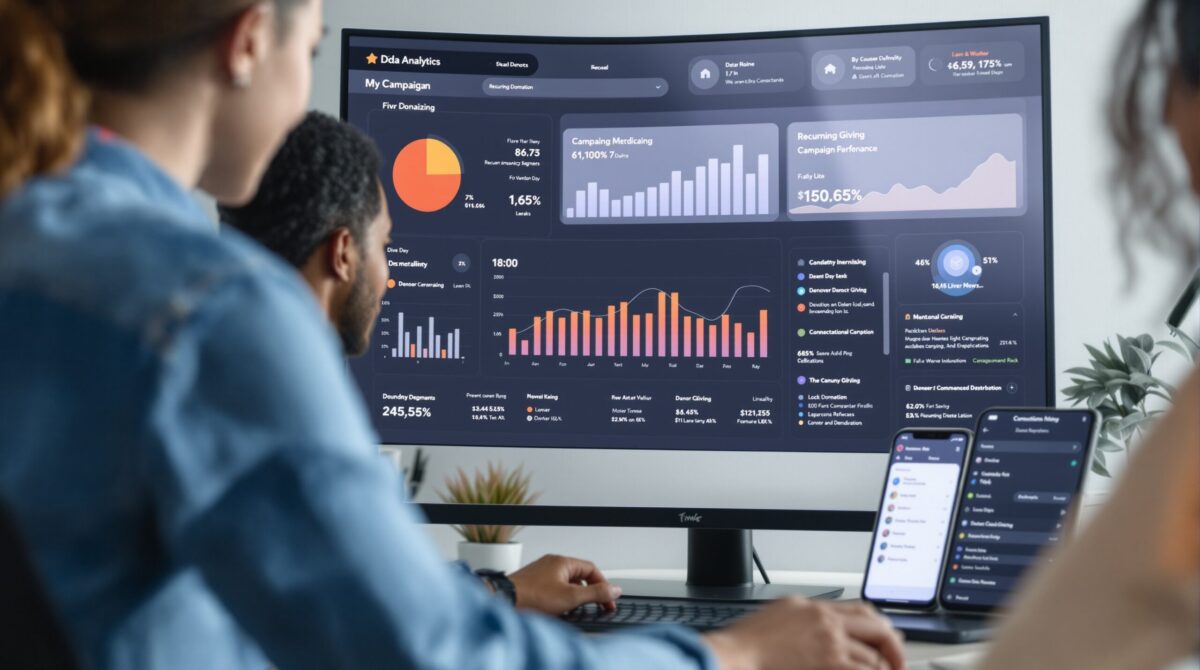 Team reviewing a data dashboard to prioritize fundraising metrics and campaign performance