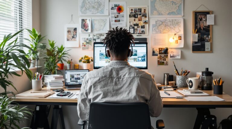 Creator workspace with worldbuilding notes, a laptop interface, and planning materials for building a reusable fictional world