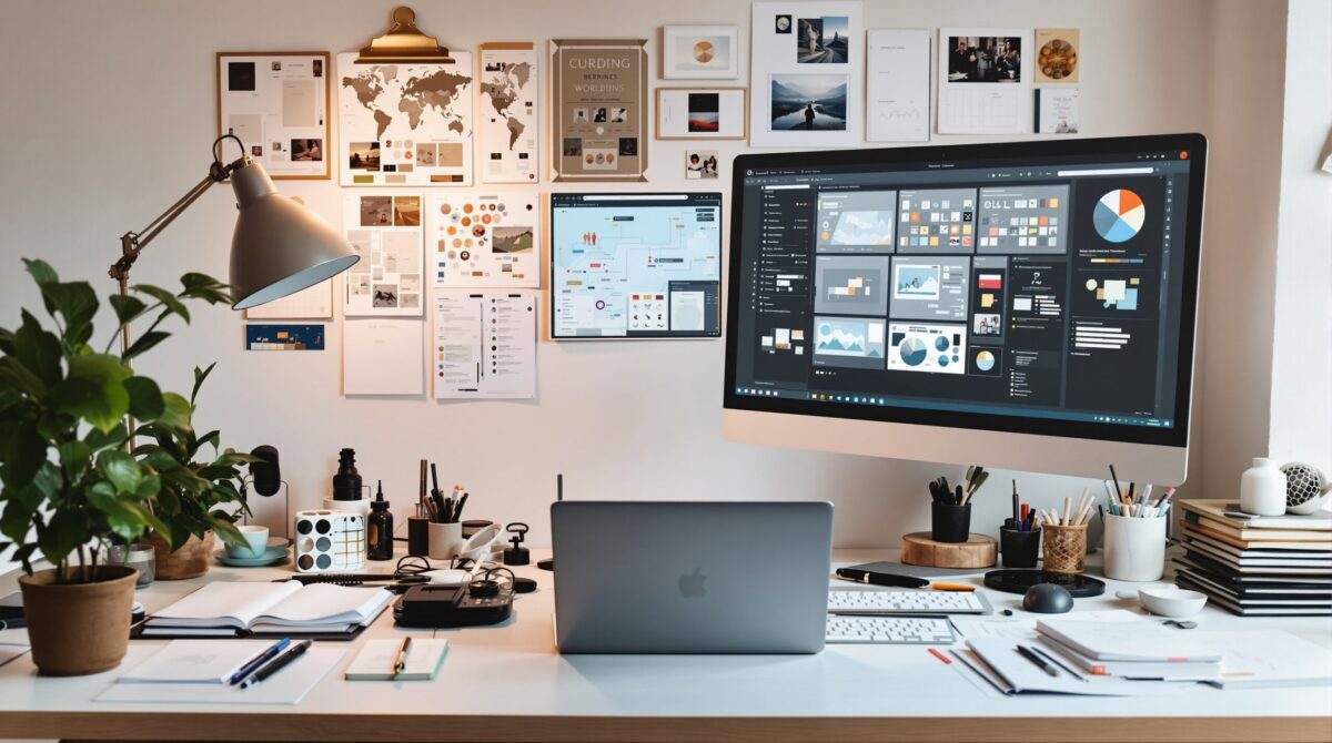 Modern laptop workspace showing a creator organizing a worldbuilding workflow across multiple projects