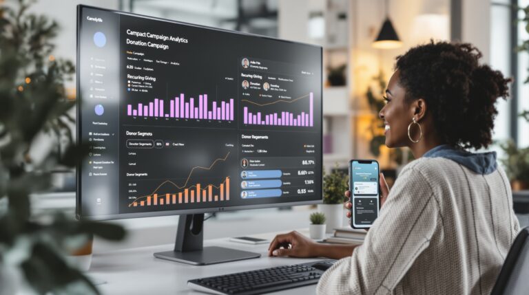 Nonprofit fundraising analytics dashboard showing donation trends and recurring support performance